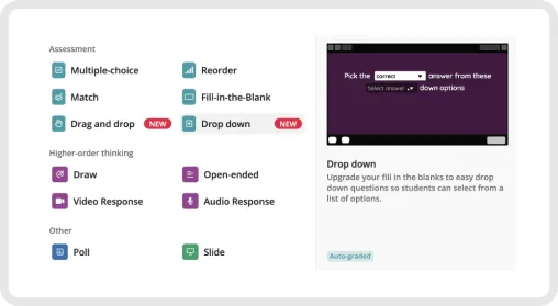 A screen displaying different question types on Quizizz